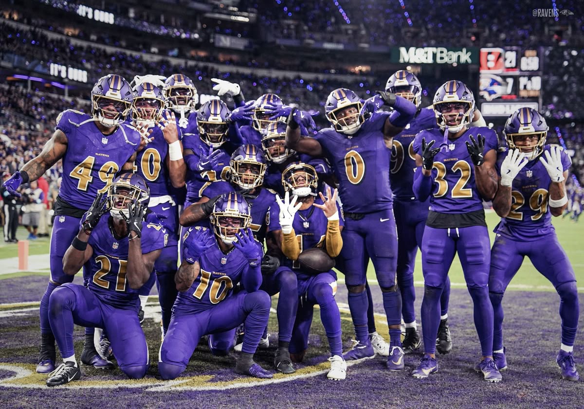 Ravens team celebrating at M&T Bank Stadium
